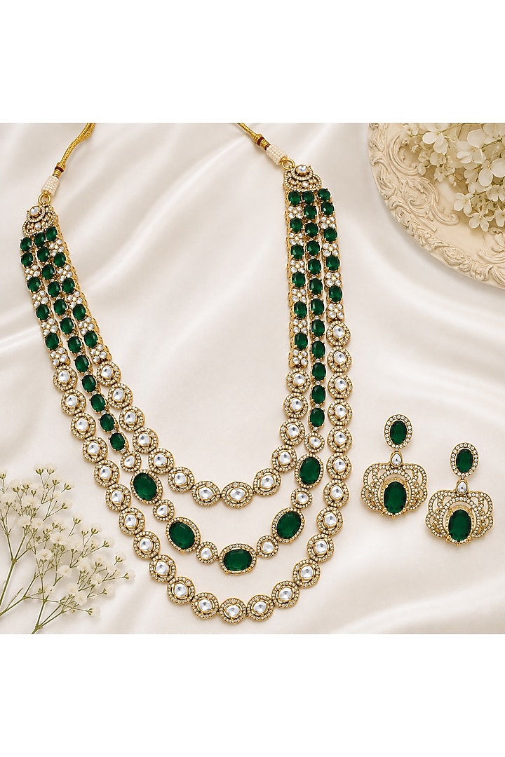 Gold Plated Moissanite Polki & Emerald Green Stone Layered Necklace Set by Vivinia By Vidhi Mehra at Pernia's Pop Up Shop