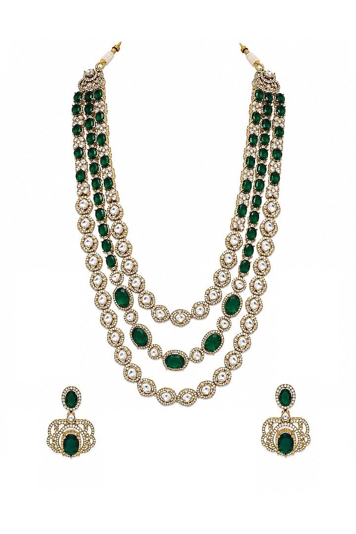 Gold Plated Moissanite Polki & Emerald Green Stone Layered Necklace Set by Vivinia By Vidhi Mehra at Pernia's Pop Up Shop
