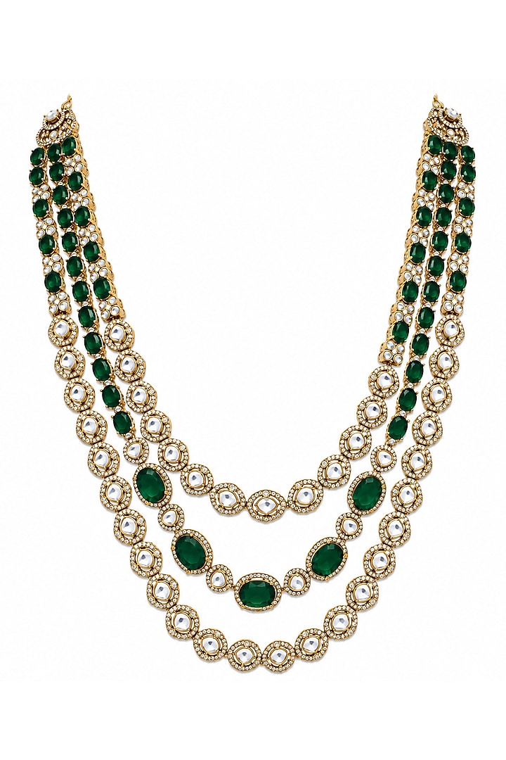 Gold Plated Moissanite Polki & Emerald Green Stone Layered Necklace Set by Vivinia By Vidhi Mehra at Pernia's Pop Up Shop