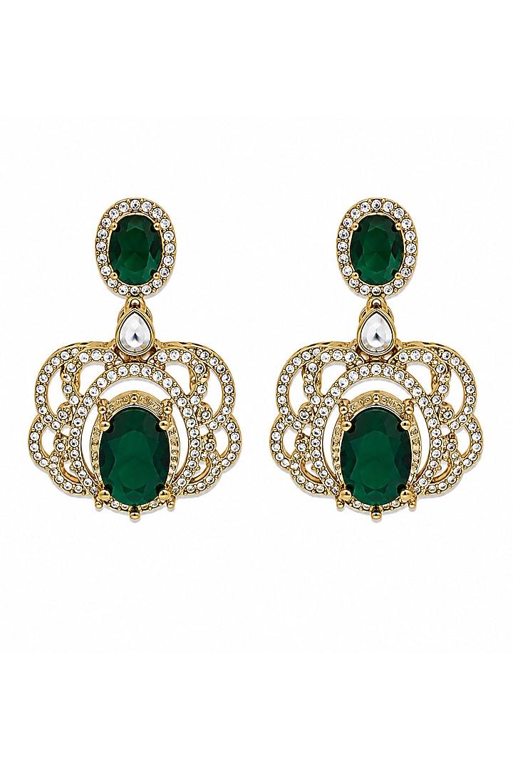 Gold Plated Moissanite Polki & Emerald Green Stone Layered Necklace Set by Vivinia By Vidhi Mehra at Pernia's Pop Up Shop