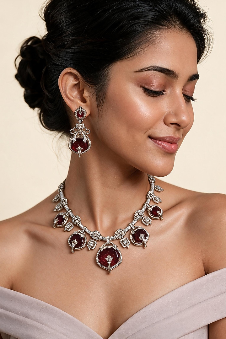 Gold Plated Moissanite Polki & Ruby Stone Necklace Set by Vivinia By Vidhi Mehra at Pernia's Pop Up Shop