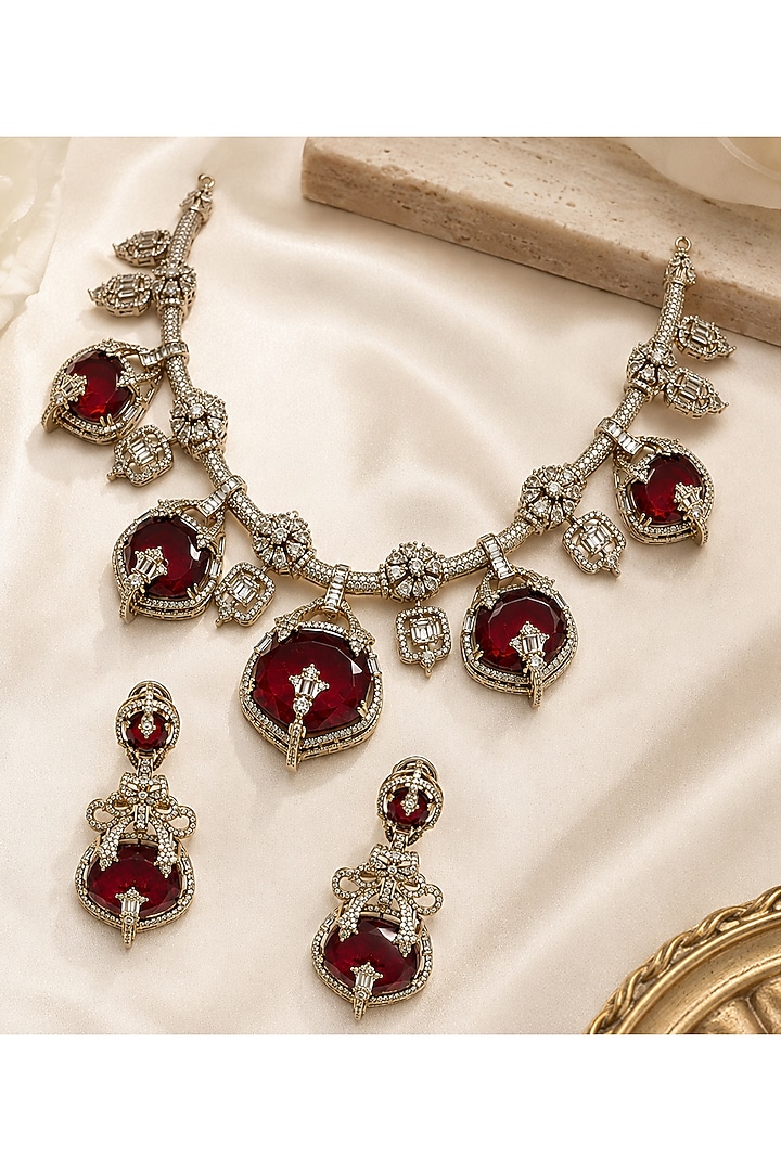 Gold Plated Moissanite Polki & Ruby Stone Necklace Set by Vivinia By Vidhi Mehra at Pernia's Pop Up Shop