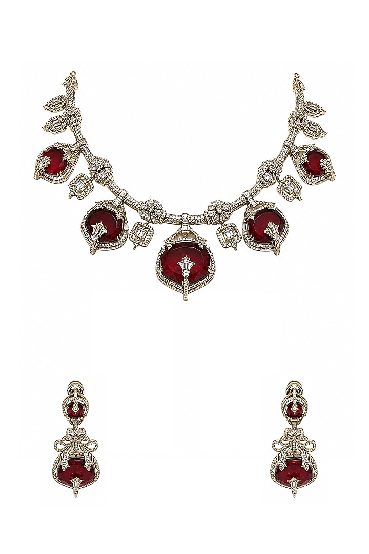 Gold Plated Moissanite Polki & Ruby Stone Necklace Set by Vivinia By Vidhi Mehra at Pernia's Pop Up Shop