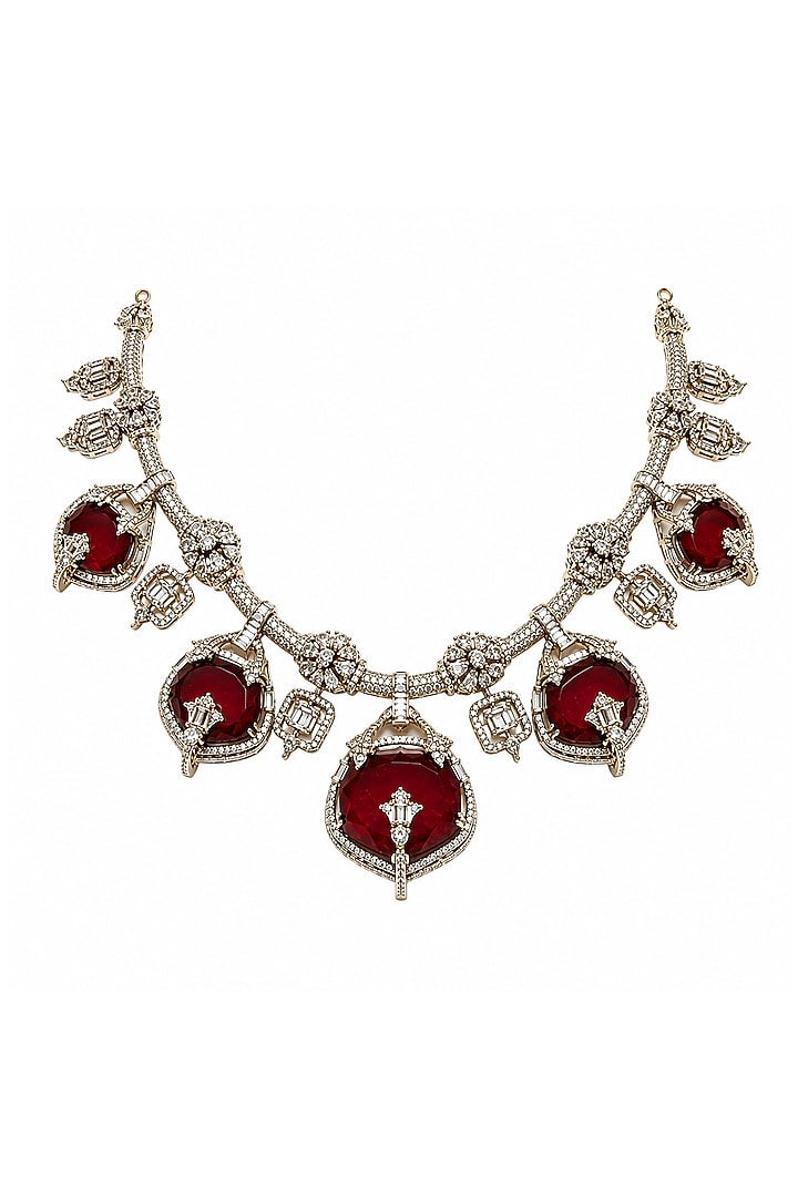 Gold Plated Moissanite Polki & Ruby Stone Necklace Set by Vivinia By Vidhi Mehra at Pernia's Pop Up Shop