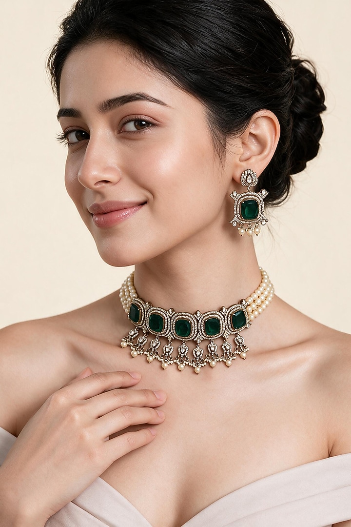 Gold Plated Moissanite Polki & Emerald Green Stone Choker Necklace Set by Vivinia By Vidhi Mehra at Pernia's Pop Up Shop