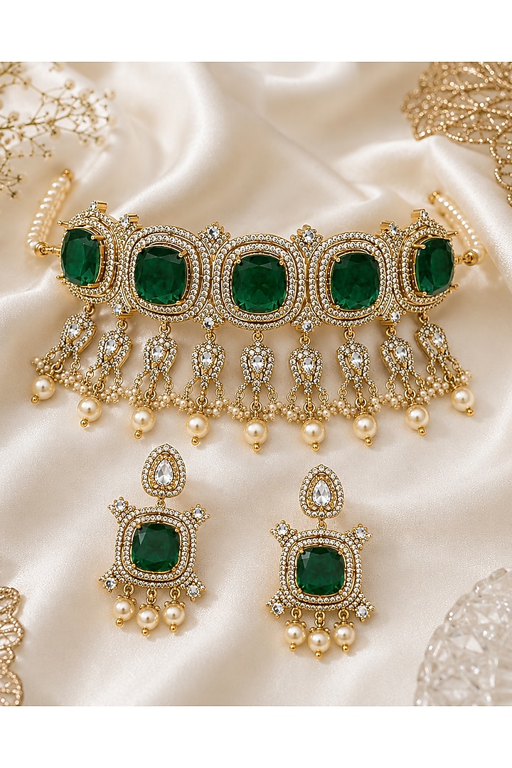 Gold Plated Moissanite Polki & Emerald Green Stone Choker Necklace Set by Vivinia By Vidhi Mehra at Pernia's Pop Up Shop