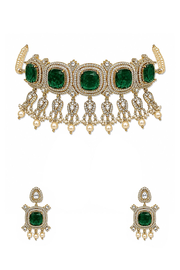 Gold Plated Moissanite Polki & Emerald Green Stone Choker Necklace Set by Vivinia By Vidhi Mehra at Pernia's Pop Up Shop
