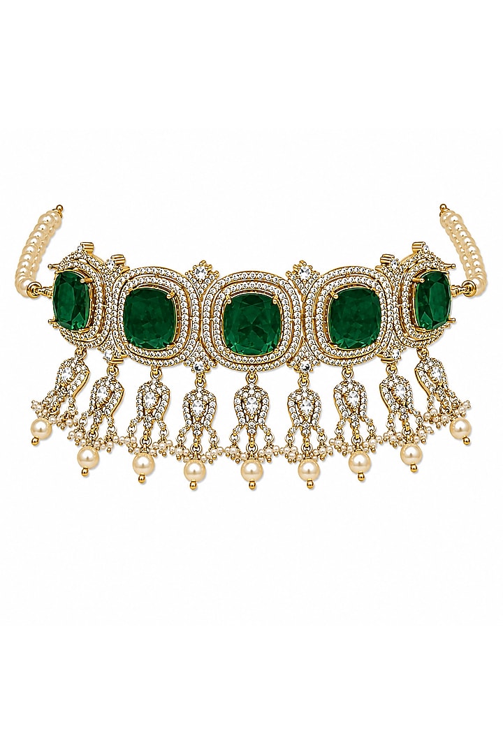 Gold Plated Moissanite Polki & Emerald Green Stone Choker Necklace Set by Vivinia By Vidhi Mehra at Pernia's Pop Up Shop
