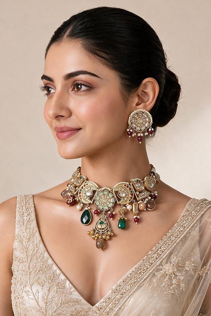 Gold Plated Kundan Polki & Multi-Colored Stone Handcrafted Necklace Set by Vivinia By Vidhi Mehra at Pernia's Pop Up Shop