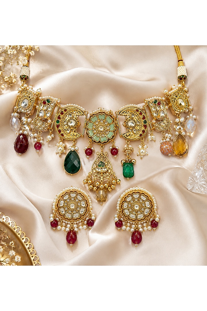 Gold Plated Kundan Polki & Multi-Colored Stone Handcrafted Necklace Set by Vivinia By Vidhi Mehra at Pernia's Pop Up Shop