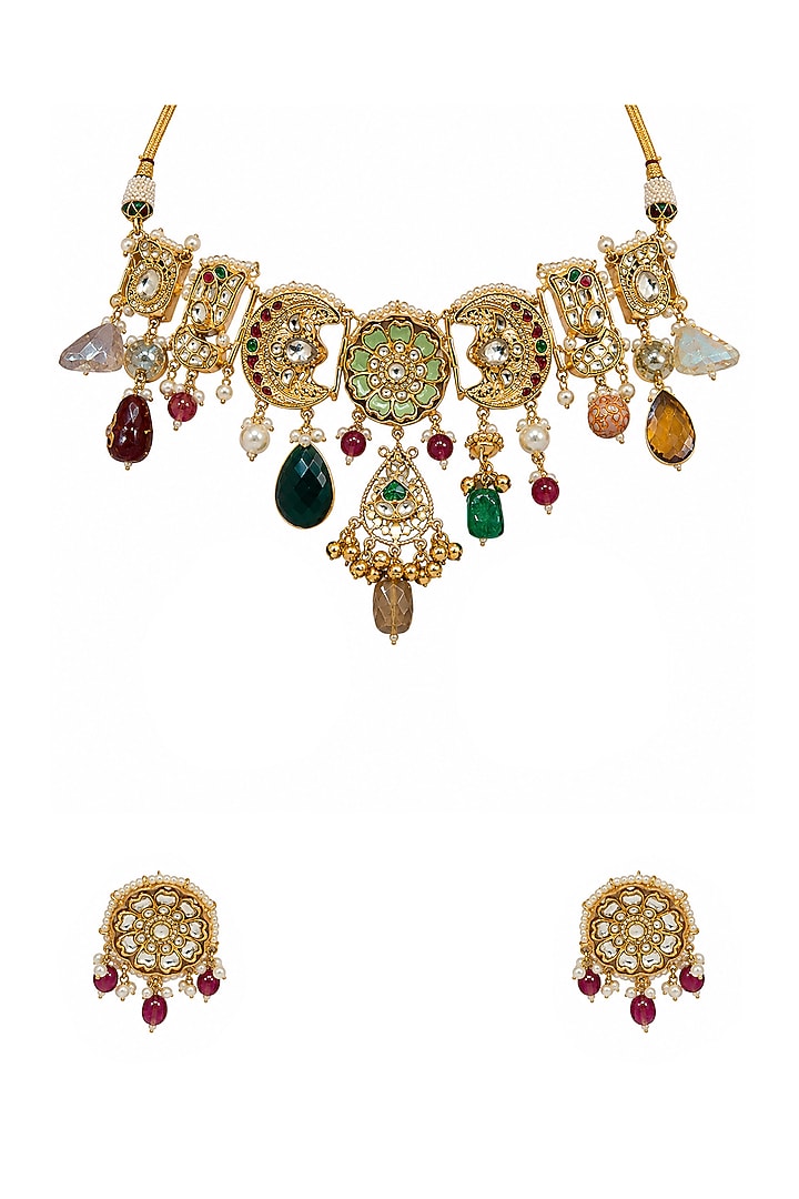 Gold Plated Kundan Polki & Multi-Colored Stone Handcrafted Necklace Set by Vivinia By Vidhi Mehra at Pernia's Pop Up Shop