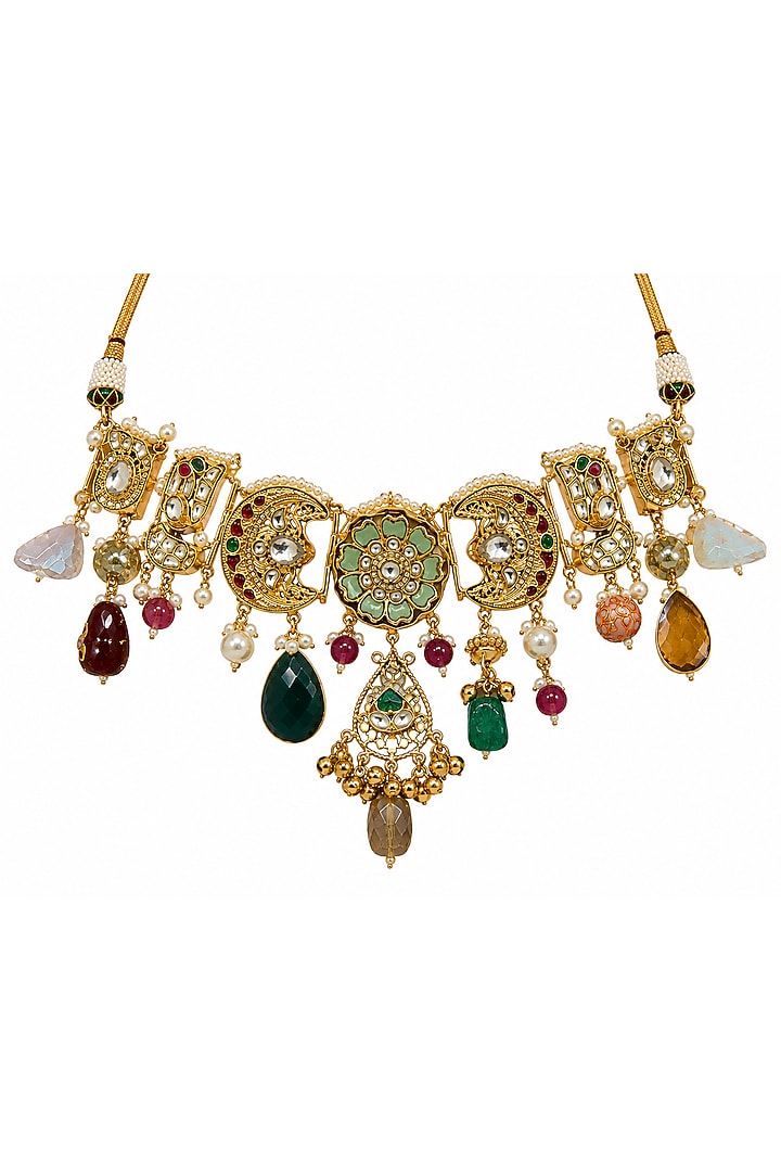 Gold Plated Kundan Polki & Multi-Colored Stone Handcrafted Necklace Set by Vivinia By Vidhi Mehra at Pernia's Pop Up Shop