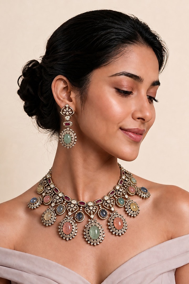 Gold Plated Moissanite Polki & Multi-Colored Stone Necklace Set by Vivinia By Vidhi Mehra at Pernia's Pop Up Shop