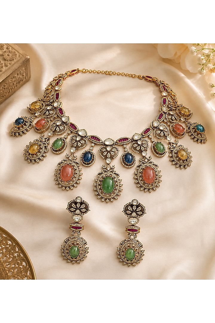 Gold Plated Moissanite Polki & Multi-Colored Stone Necklace Set by Vivinia By Vidhi Mehra at Pernia's Pop Up Shop