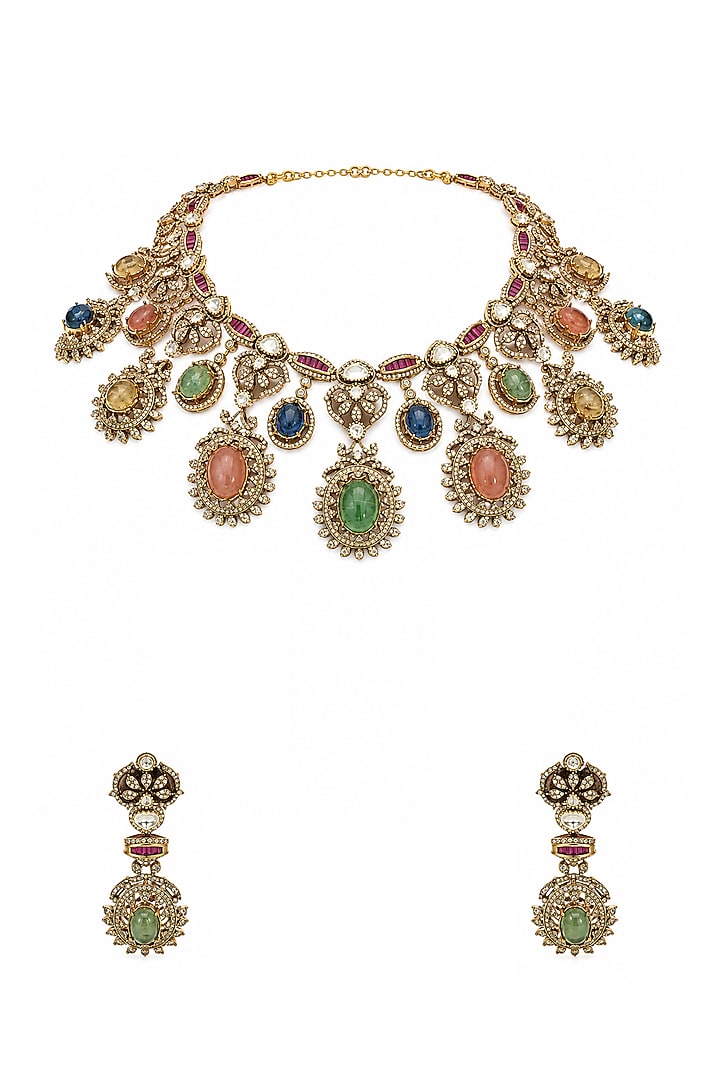 Gold Plated Moissanite Polki & Multi-Colored Stone Necklace Set by Vivinia By Vidhi Mehra at Pernia's Pop Up Shop