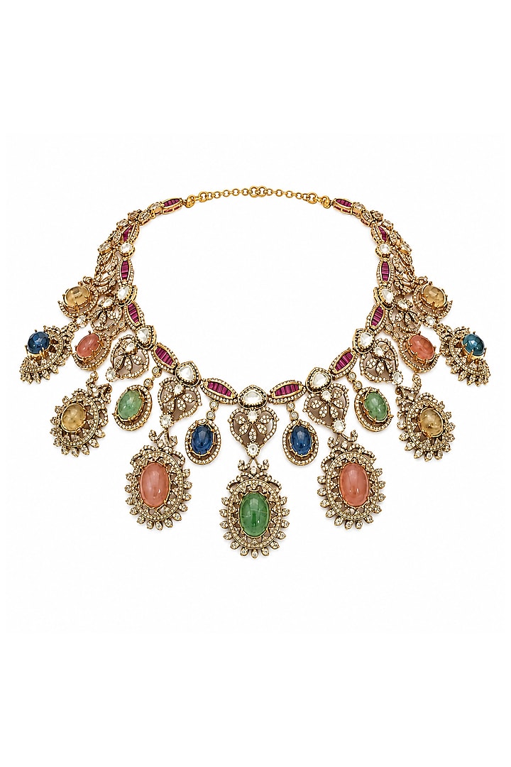 Gold Plated Moissanite Polki & Multi-Colored Stone Necklace Set by Vivinia By Vidhi Mehra at Pernia's Pop Up Shop