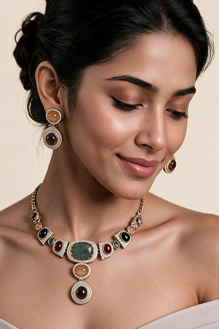 Gold Plated Moissanite Polki & Multi-Colored Stone Necklace Set by Vivinia By Vidhi Mehra at Pernia's Pop Up Shop