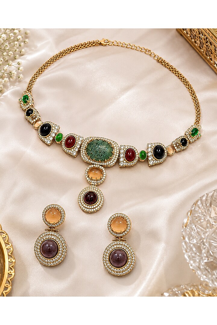 Gold Plated Moissanite Polki & Multi-Colored Stone Necklace Set by Vivinia By Vidhi Mehra at Pernia's Pop Up Shop