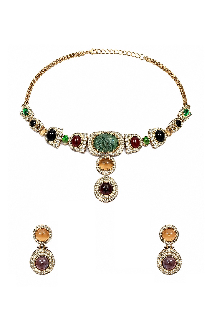 Gold Plated Moissanite Polki & Multi-Colored Stone Necklace Set by Vivinia By Vidhi Mehra at Pernia's Pop Up Shop