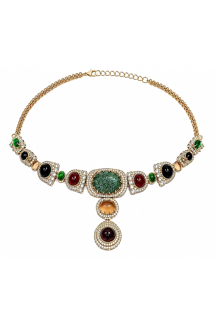 Gold Plated Moissanite Polki & Multi-Colored Stone Necklace Set by Vivinia By Vidhi Mehra at Pernia's Pop Up Shop
