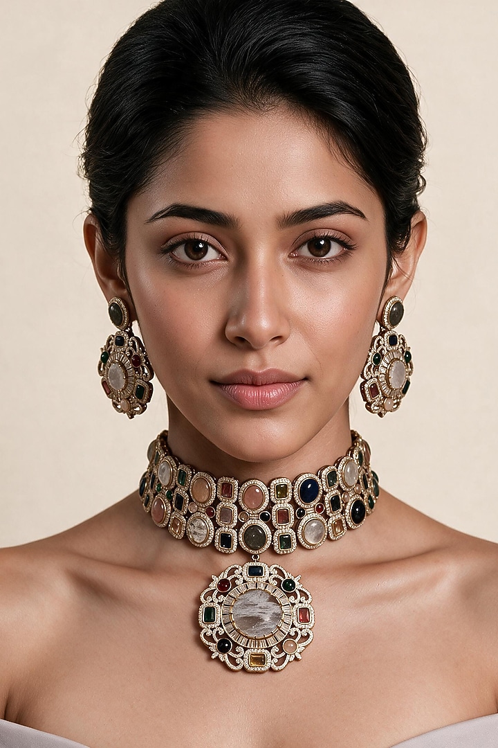 Gold Plated Moissanite Polki & Multi-Colored Stone Choker Necklace Set by Vivinia By Vidhi Mehra at Pernia's Pop Up Shop