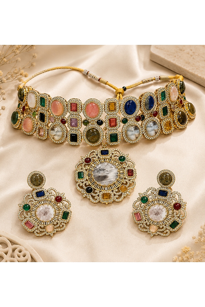 Gold Plated Moissanite Polki & Multi-Colored Stone Choker Necklace Set by Vivinia By Vidhi Mehra at Pernia's Pop Up Shop