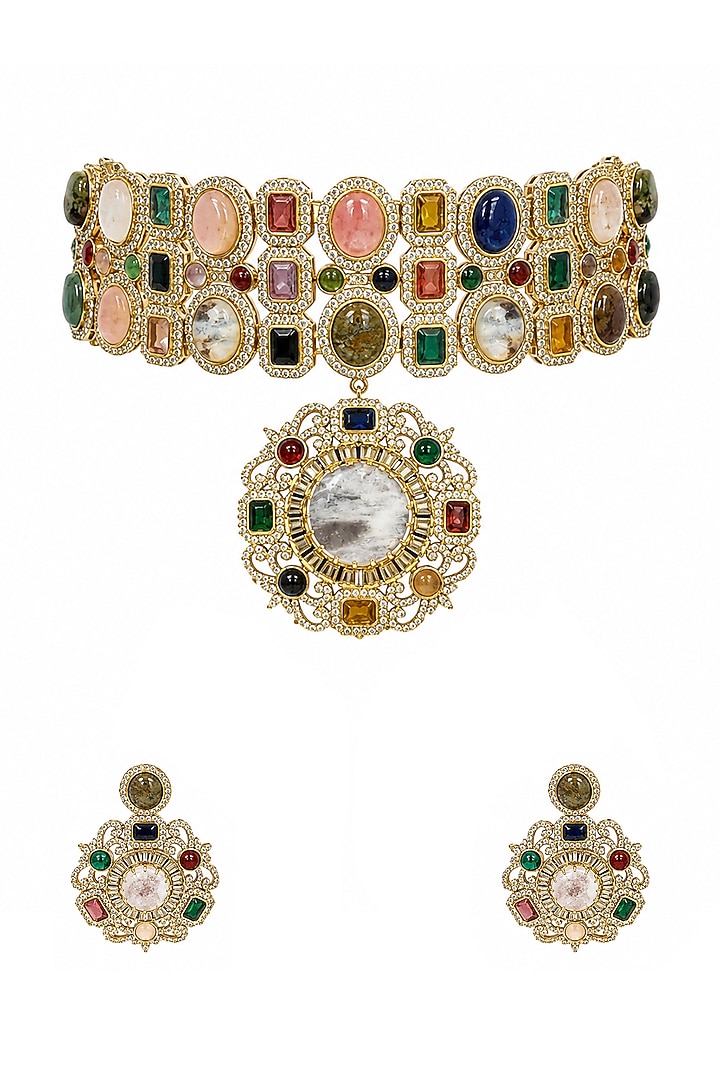 Gold Plated Moissanite Polki & Multi-Colored Stone Choker Necklace Set by Vivinia By Vidhi Mehra at Pernia's Pop Up Shop