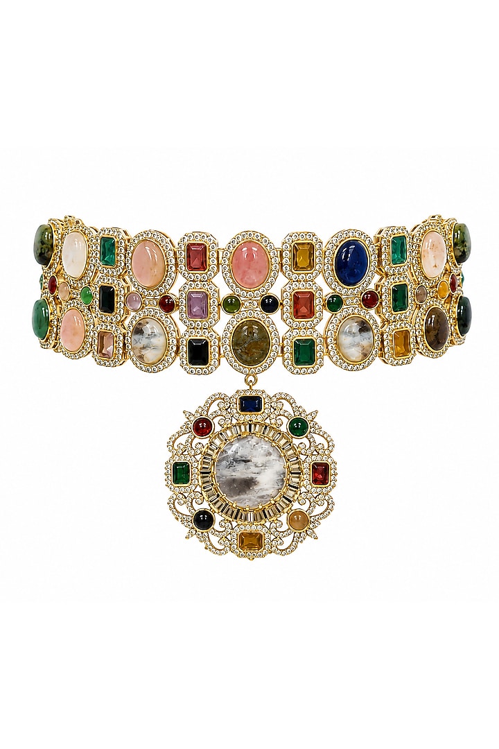 Gold Plated Moissanite Polki & Multi-Colored Stone Choker Necklace Set by Vivinia By Vidhi Mehra at Pernia's Pop Up Shop