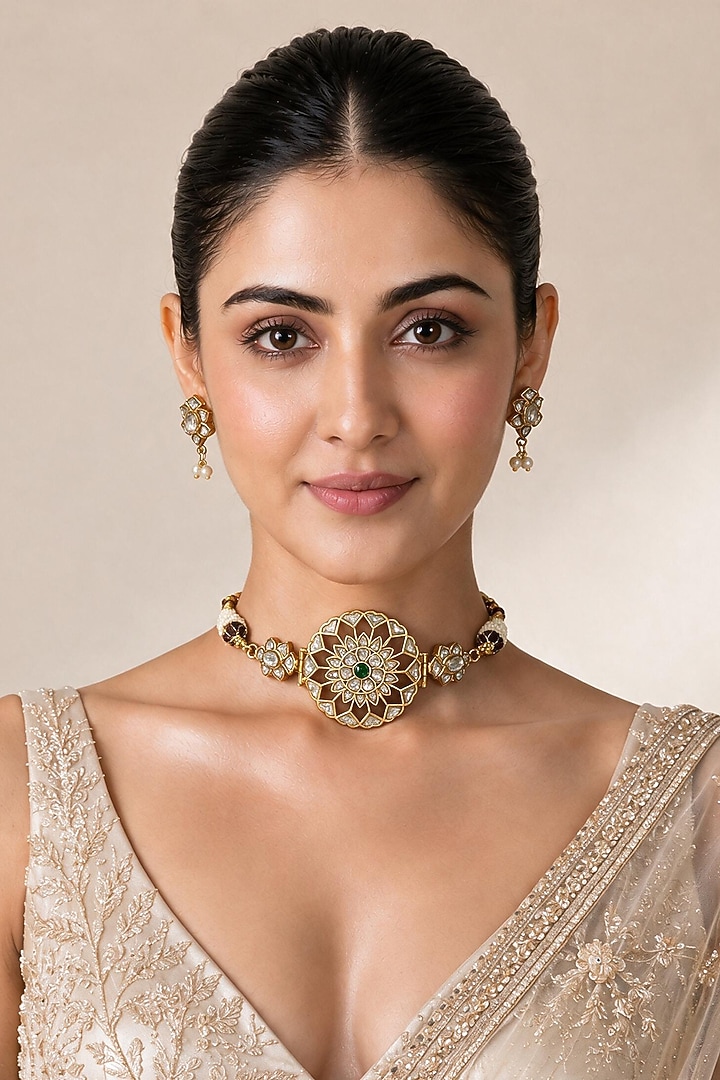 Gold Plated Kundan Polki & Green Stone Choker Necklace Set by Vivinia By Vidhi Mehra at Pernia's Pop Up Shop