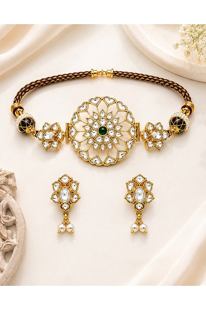 Gold Plated Kundan Polki & Green Stone Choker Necklace Set by Vivinia By Vidhi Mehra at Pernia's Pop Up Shop
