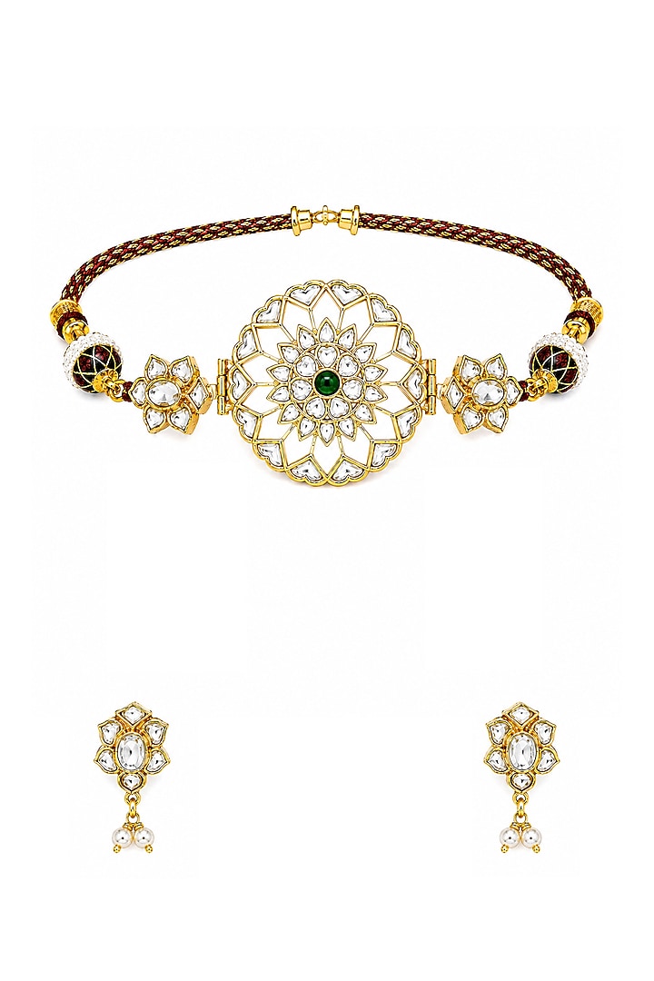 Gold Plated Kundan Polki & Green Stone Choker Necklace Set by Vivinia By Vidhi Mehra at Pernia's Pop Up Shop