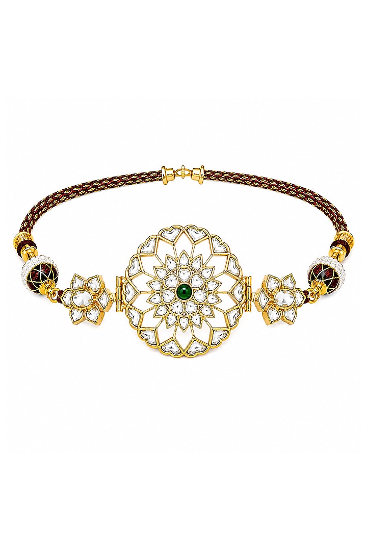 Gold Plated Kundan Polki & Green Stone Choker Necklace Set by Vivinia By Vidhi Mehra at Pernia's Pop Up Shop