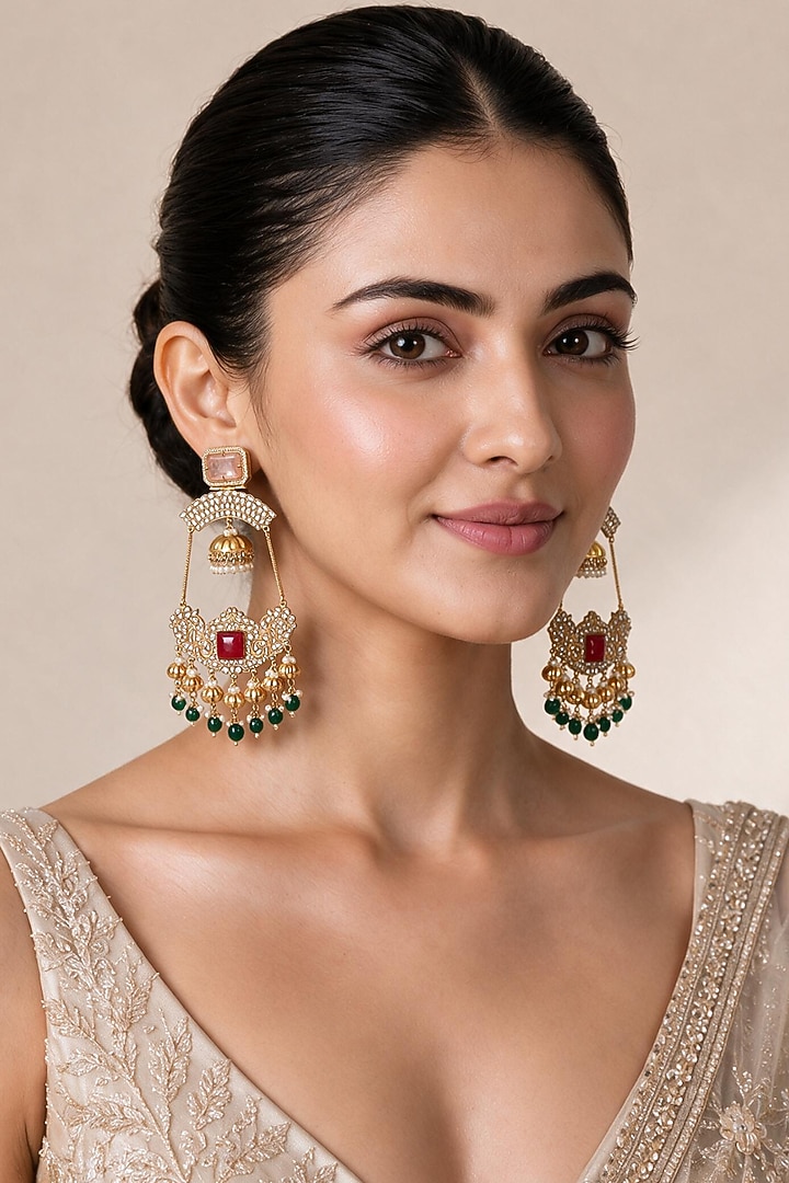 Gold Plated Kundan Polki & Ruby Stone Dangler Earrings by Vivinia By Vidhi Mehra at Pernia's Pop Up Shop