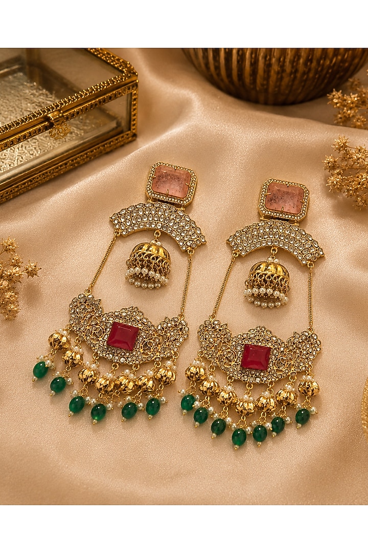 Gold Plated Kundan Polki & Ruby Stone Dangler Earrings by Vivinia By Vidhi Mehra at Pernia's Pop Up Shop