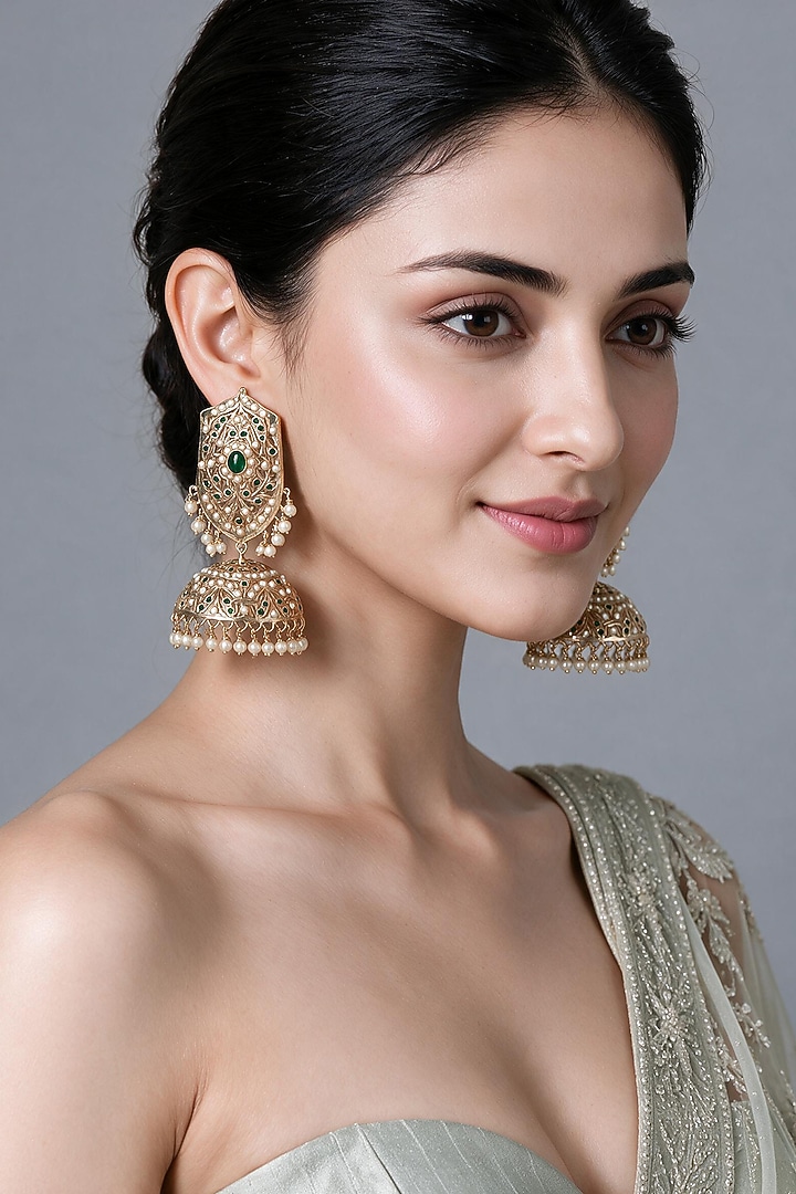 Gold Plated Emerald Stone & Pearl Jadau Jhumka Earrings by Vivinia By Vidhi Mehra at Pernia's Pop Up Shop