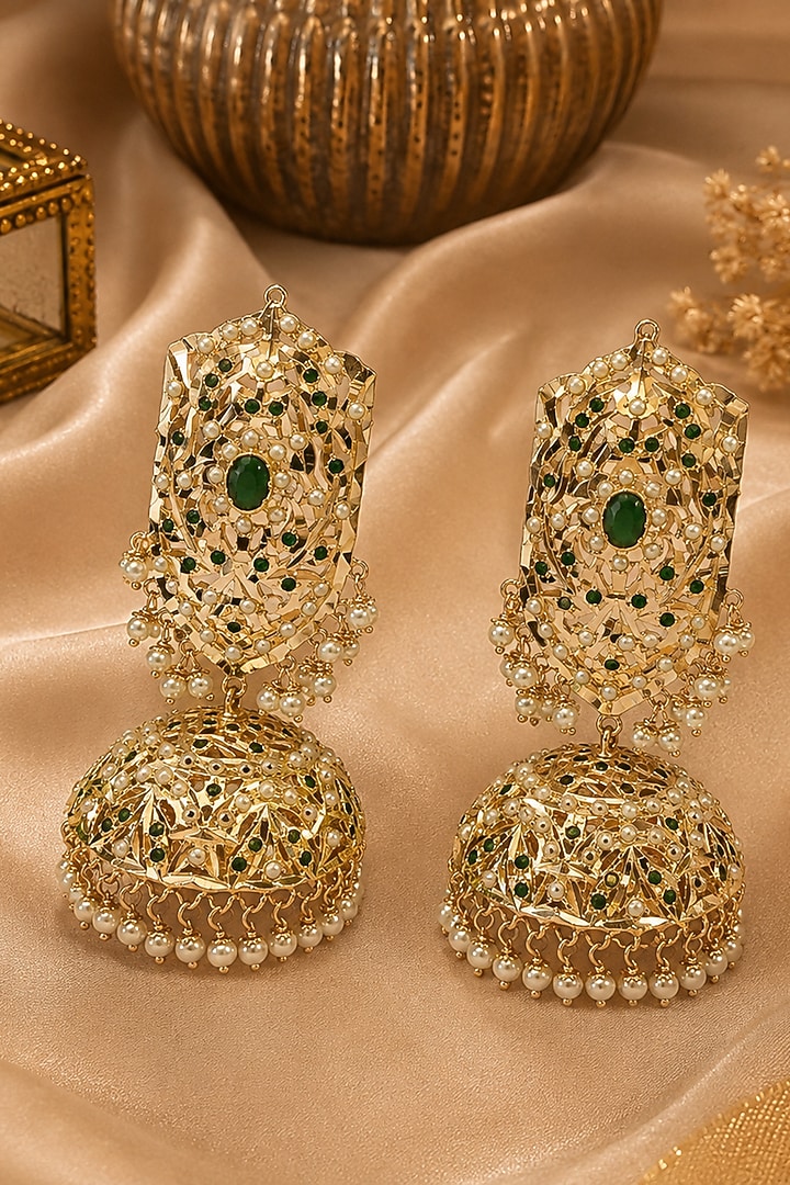 Gold Plated Emerald Stone & Pearl Jadau Jhumka Earrings by Vivinia By Vidhi Mehra at Pernia's Pop Up Shop