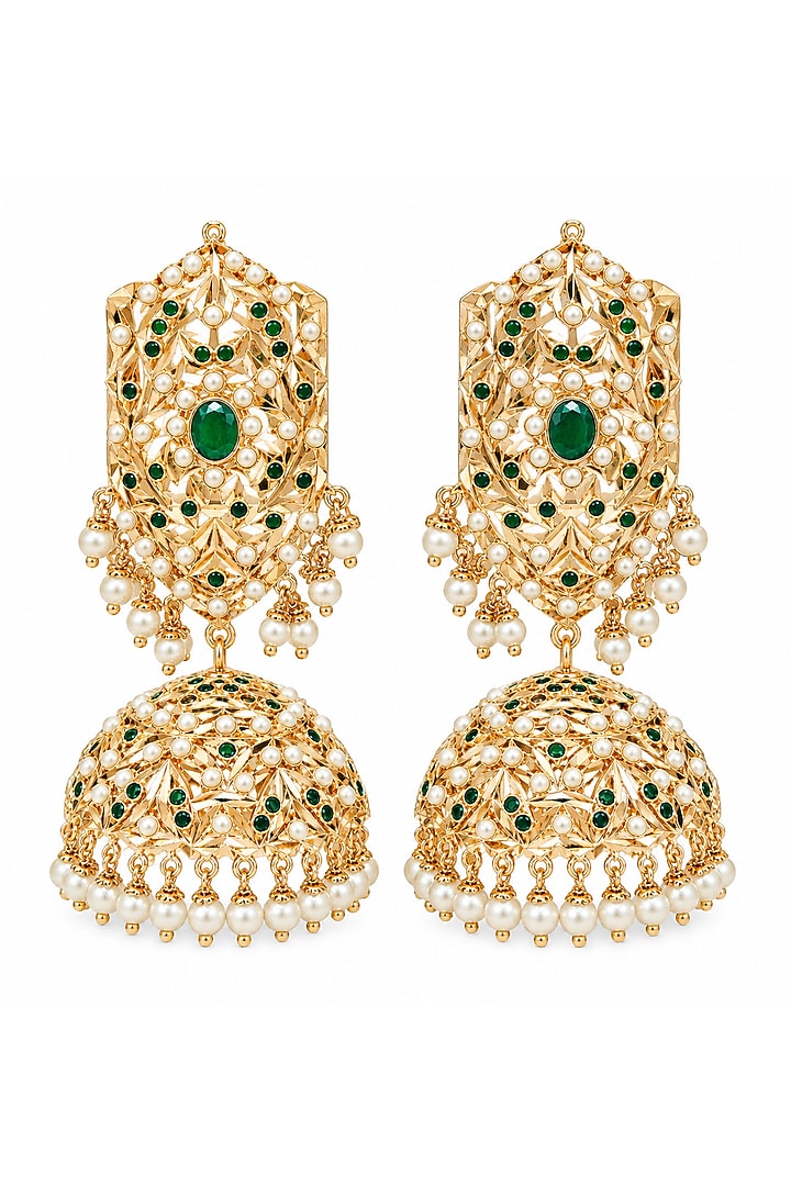 Gold Plated Emerald Stone & Pearl Jadau Jhumka Earrings by Vivinia By Vidhi Mehra at Pernia's Pop Up Shop