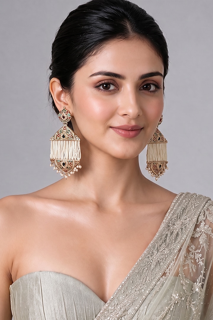 Gold Plated Pearl Tassel Strand Jadau Earrings by Vivinia By Vidhi Mehra at Pernia's Pop Up Shop
