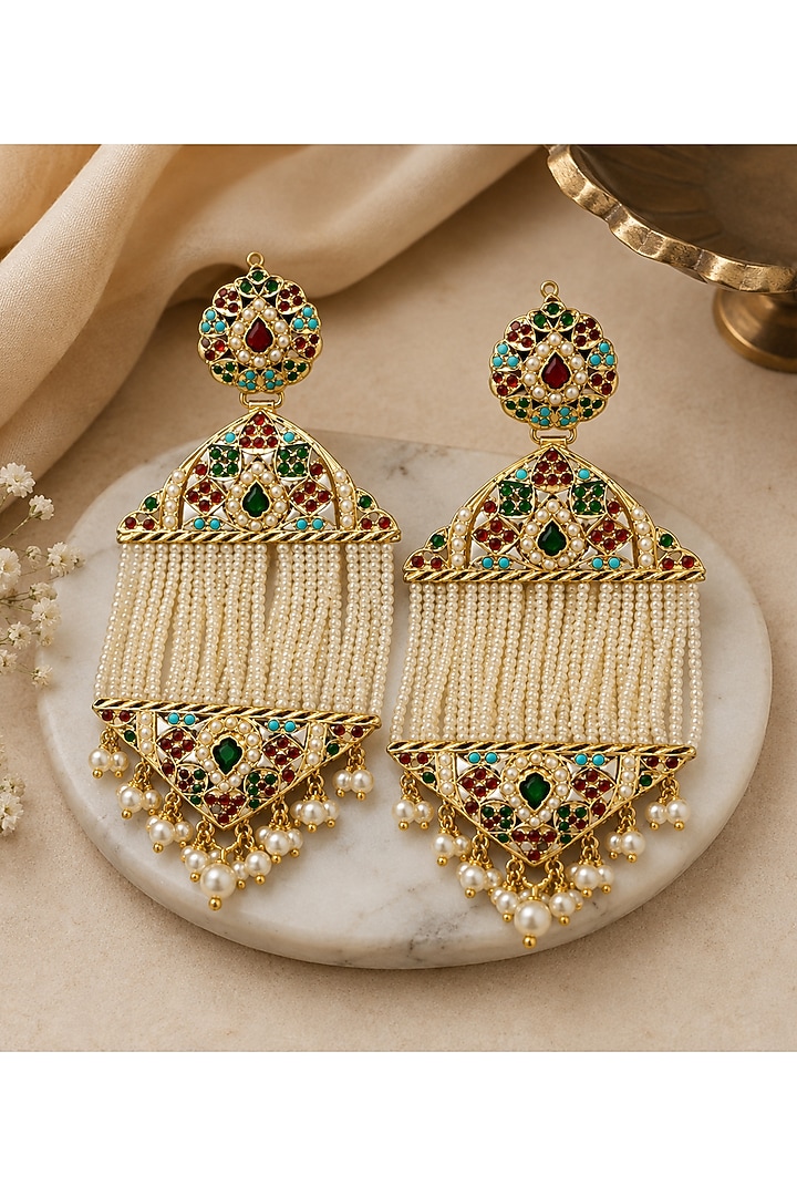 Gold Plated Pearl Tassel Strand Jadau Earrings by Vivinia By Vidhi Mehra at Pernia's Pop Up Shop