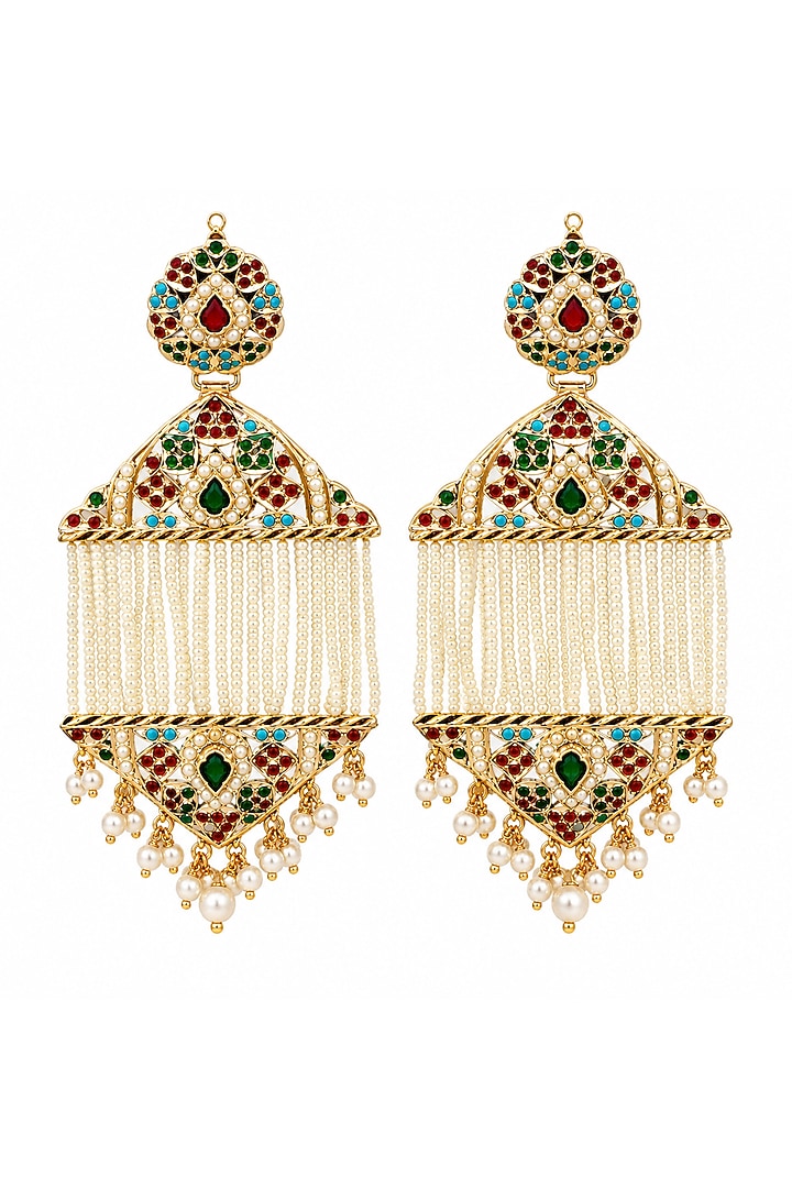 Gold Plated Pearl Tassel Strand Jadau Earrings by Vivinia By Vidhi Mehra at Pernia's Pop Up Shop