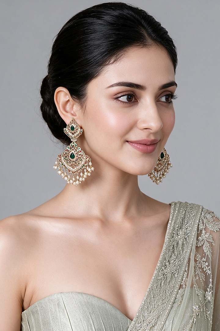 Gold Plated Green Teardrop Stone & Pearl Jadau Dangler Earrings by Vivinia By Vidhi Mehra at Pernia's Pop Up Shop
