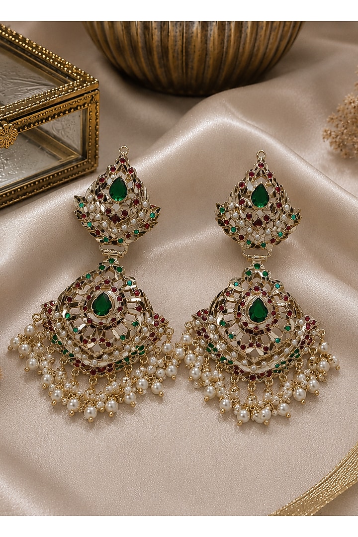 Gold Plated Green Teardrop Stone & Pearl Jadau Dangler Earrings by Vivinia By Vidhi Mehra at Pernia's Pop Up Shop