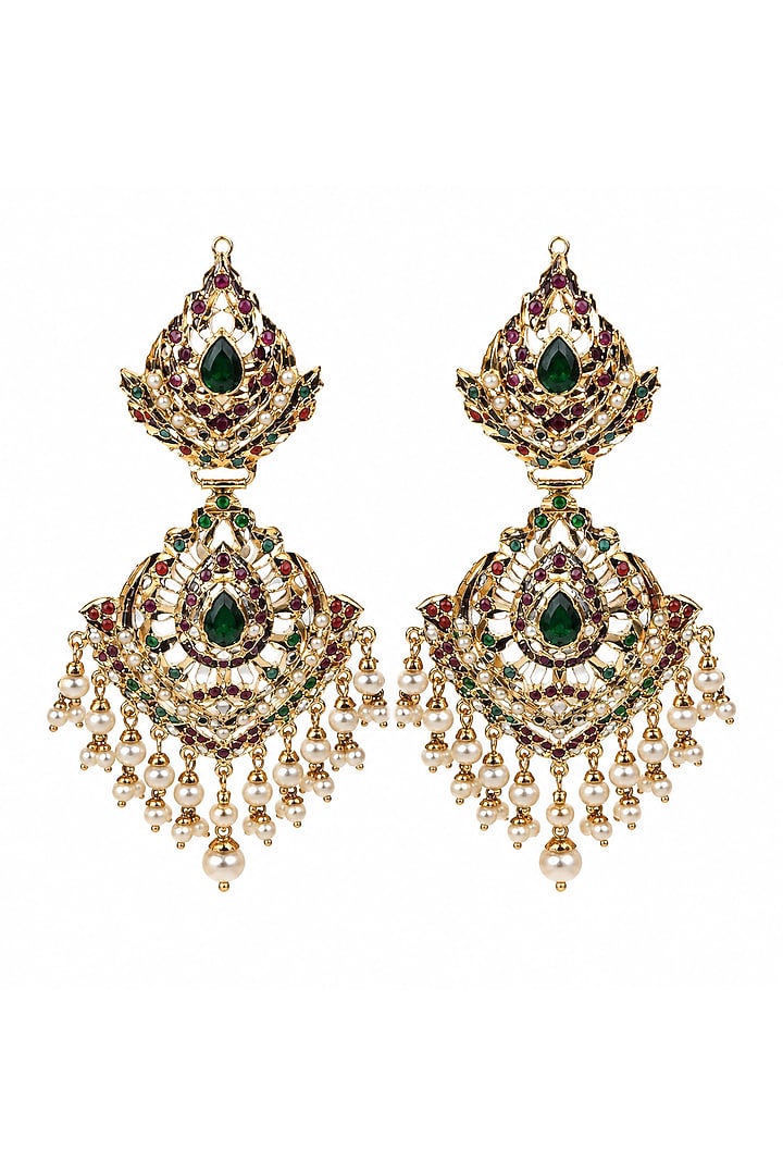 Gold Plated Green Teardrop Stone & Pearl Jadau Dangler Earrings by Vivinia By Vidhi Mehra at Pernia's Pop Up Shop