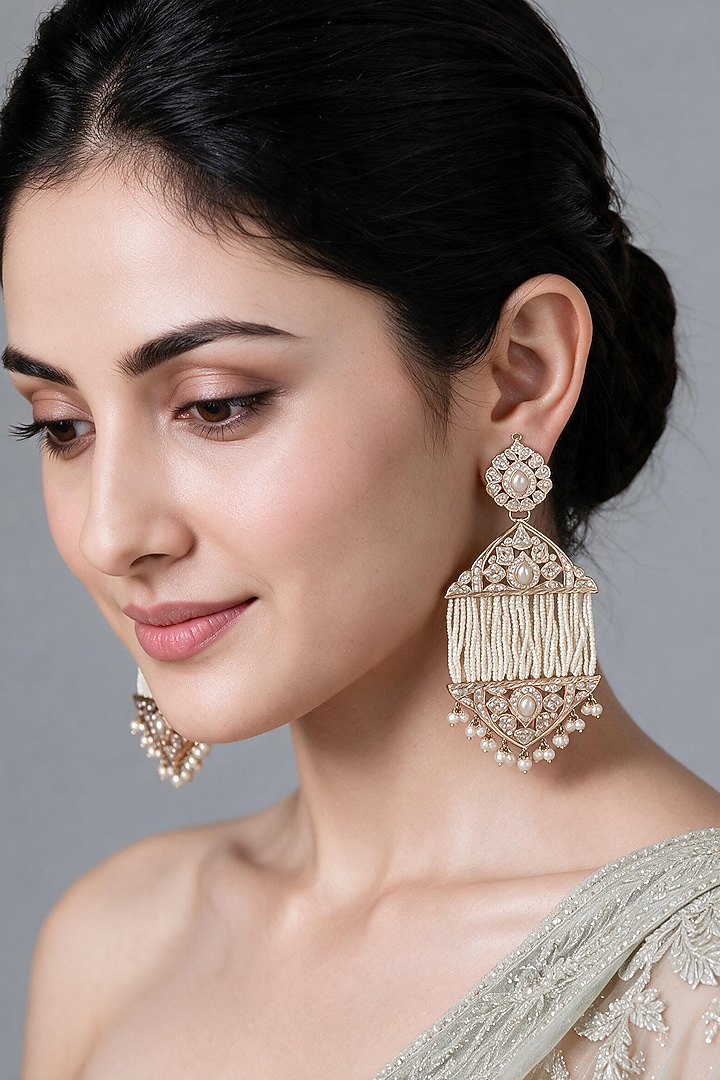 Gold Plated Pearl Tassel Strand Jadau Floral Dangler Earrings by Vivinia By Vidhi Mehra at Pernia's Pop Up Shop