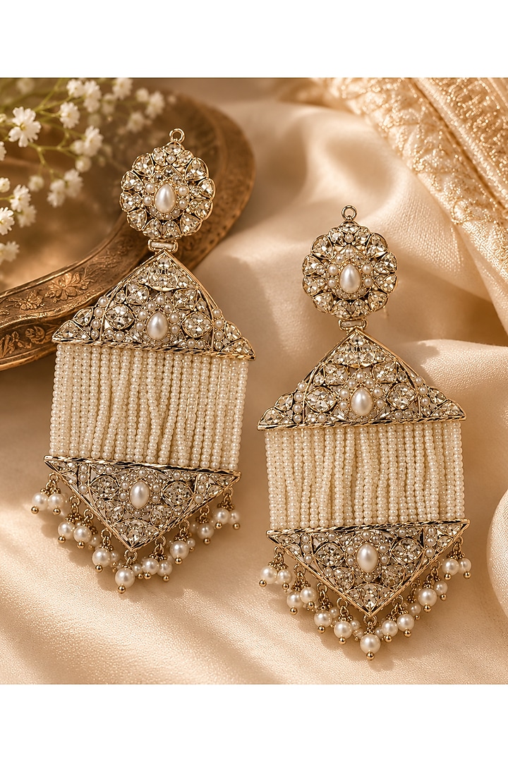 Gold Plated Pearl Tassel Strand Jadau Floral Dangler Earrings by Vivinia By Vidhi Mehra at Pernia's Pop Up Shop