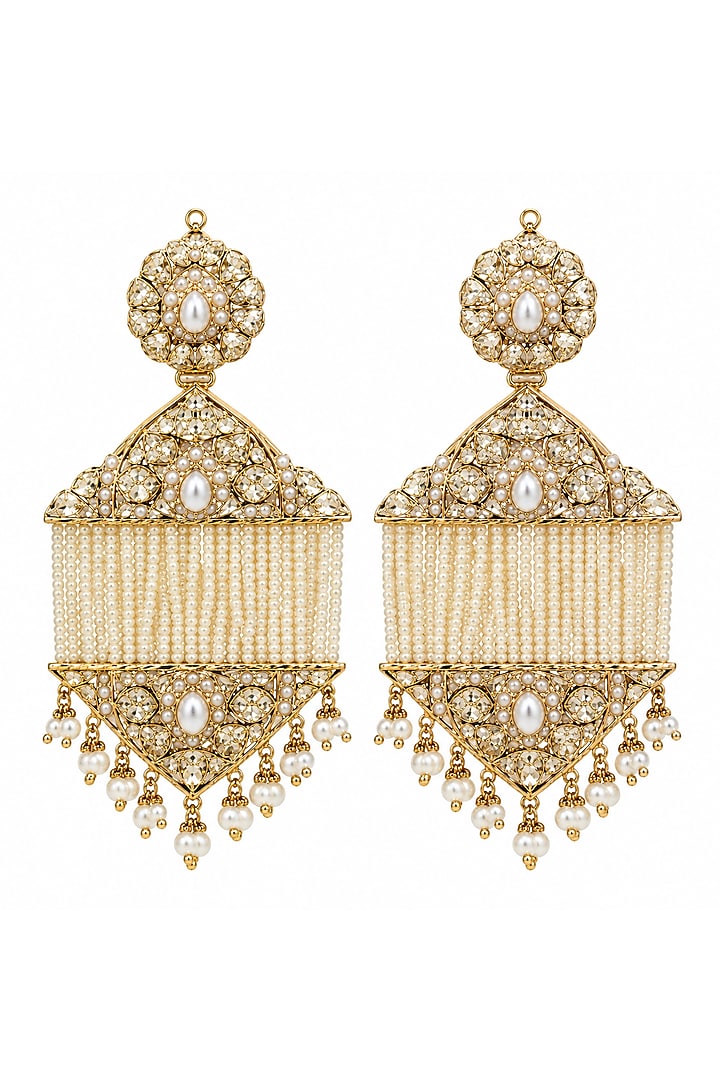 Gold Plated Pearl Tassel Strand Jadau Floral Dangler Earrings by Vivinia By Vidhi Mehra at Pernia's Pop Up Shop