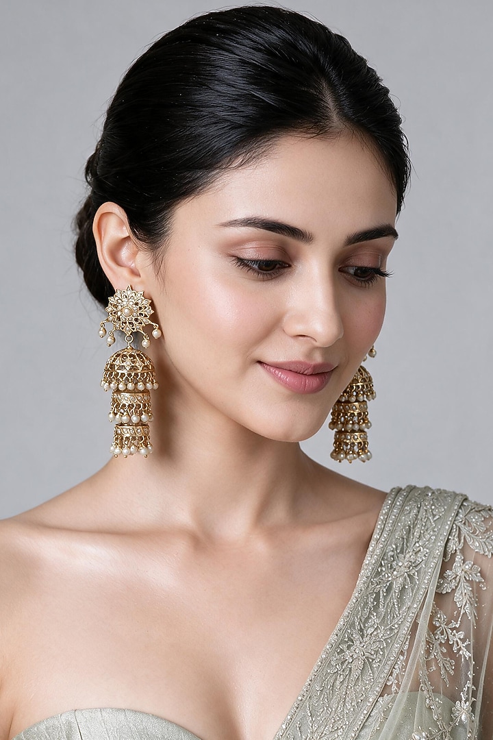 Gold Plated Pearl Floral Motif Jadau Jhumka Earrings by Vivinia By Vidhi Mehra at Pernia's Pop Up Shop