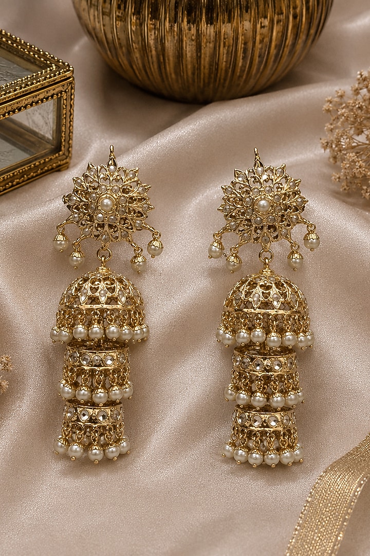 Gold Plated Pearl Floral Motif Jadau Jhumka Earrings by Vivinia By Vidhi Mehra at Pernia's Pop Up Shop