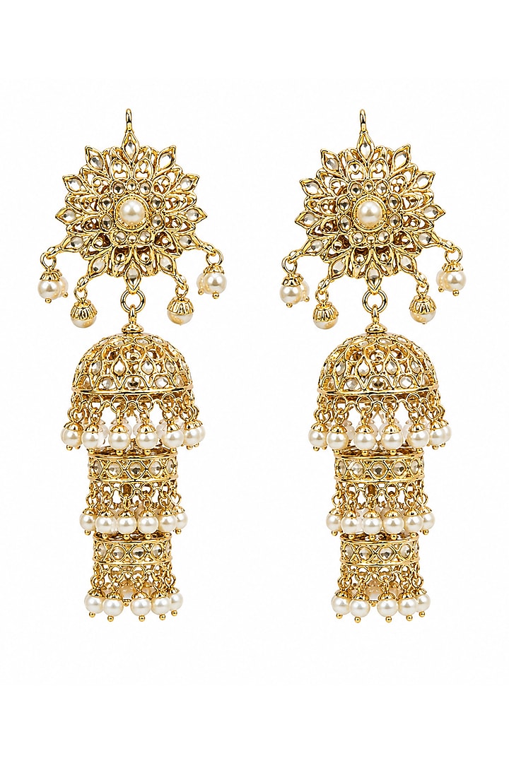 Gold Plated Pearl Floral Motif Jadau Jhumka Earrings by Vivinia By Vidhi Mehra at Pernia's Pop Up Shop