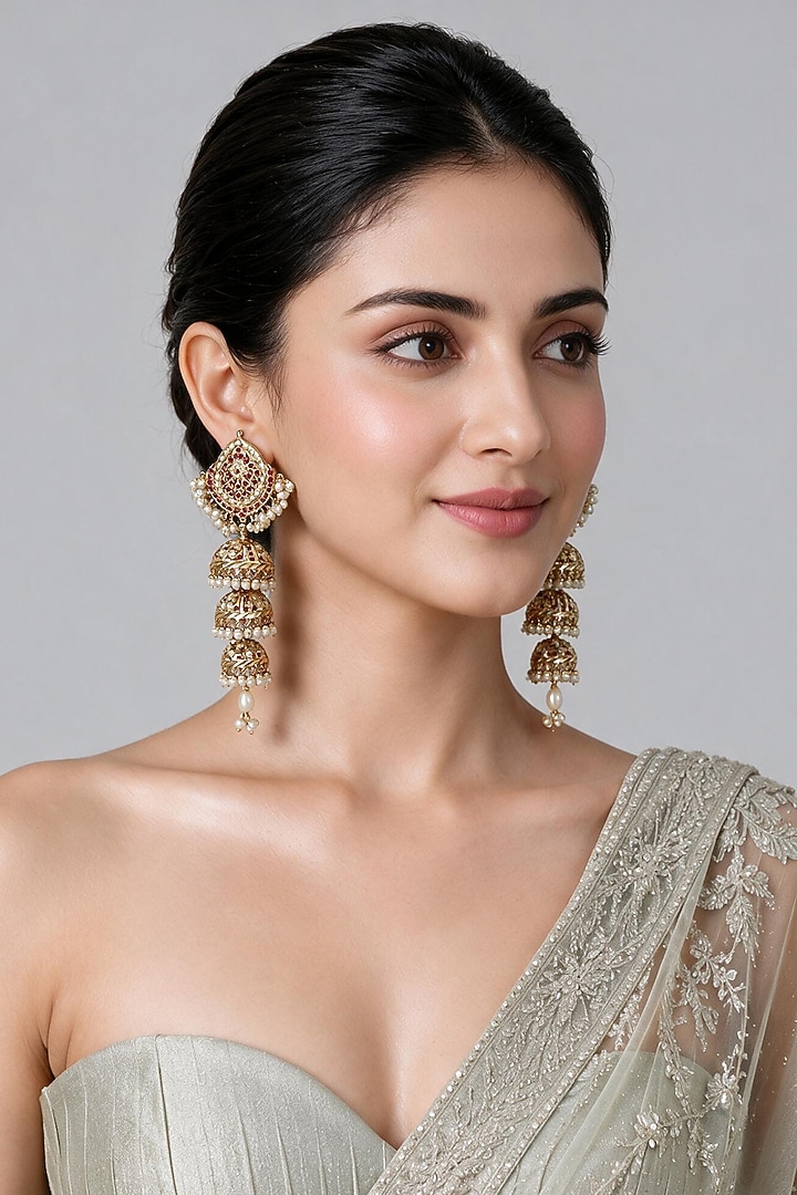 Gold Plated Maroon Stone & Pearl Fringe Layered Jhumka Earrings by Vivinia By Vidhi Mehra at Pernia's Pop Up Shop